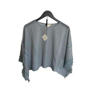 Fallon Embroidered Lace Sleeve Tassel Poncho Top Dusty Blue Small boho